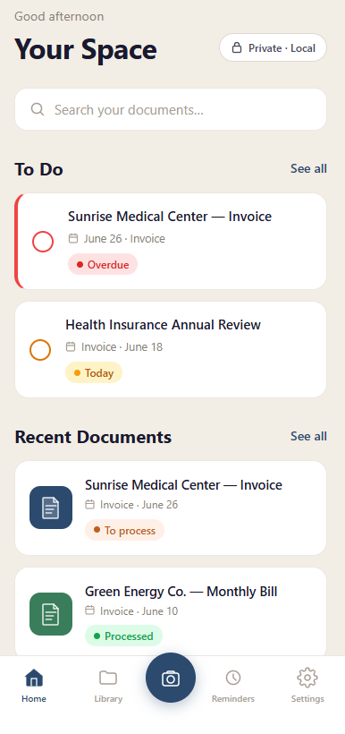 Écran d'accueil de l'application Bindora